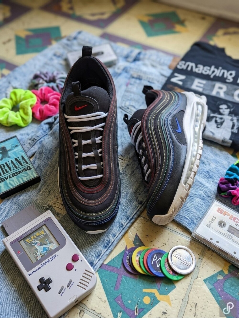 Nike Air Max 97 Multi-Stitch Black Rainbow Sneakers Size 9.5 BCG